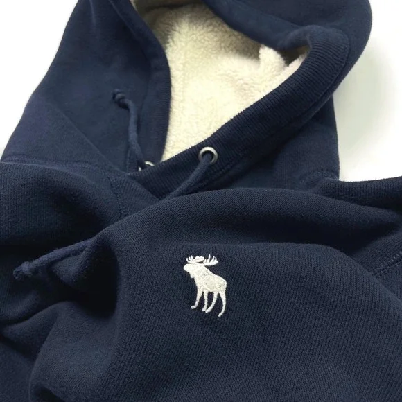 Abercrombie & Fitch Mens Moose Pullover Sweatshirt Navy Blue Sherpa Hood Size L - Picture 1 of 8